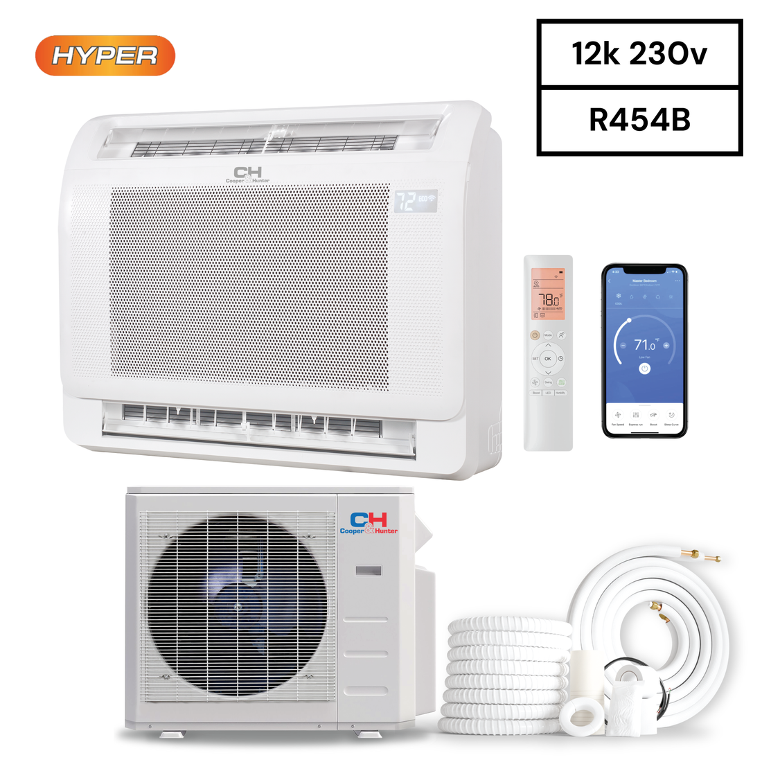 Cooper & Hunter Mini Floor Console 12,000 , R454B, BTU 230V Hyper Air Conditioning Unit for Heat Pump, Ductless Mini Split Inverter System Up To 25 SEER2 with Optional Installation Kit. CH-RSH12MMC + CH-RHP12-230V0 - South Mini Splits