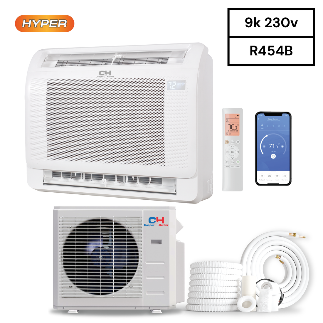 Cooper & Hunter Mini Floor Console R454B, 9,000 BTU 230V Hyper Air Conditioning Unit for Heat Pump, Ductless Mini Split Inverter System Up To 27.2 SEER2 with Optional Installation Kit. CH-RSH09MMC + CH-RHP09-230VO - South Mini Splits