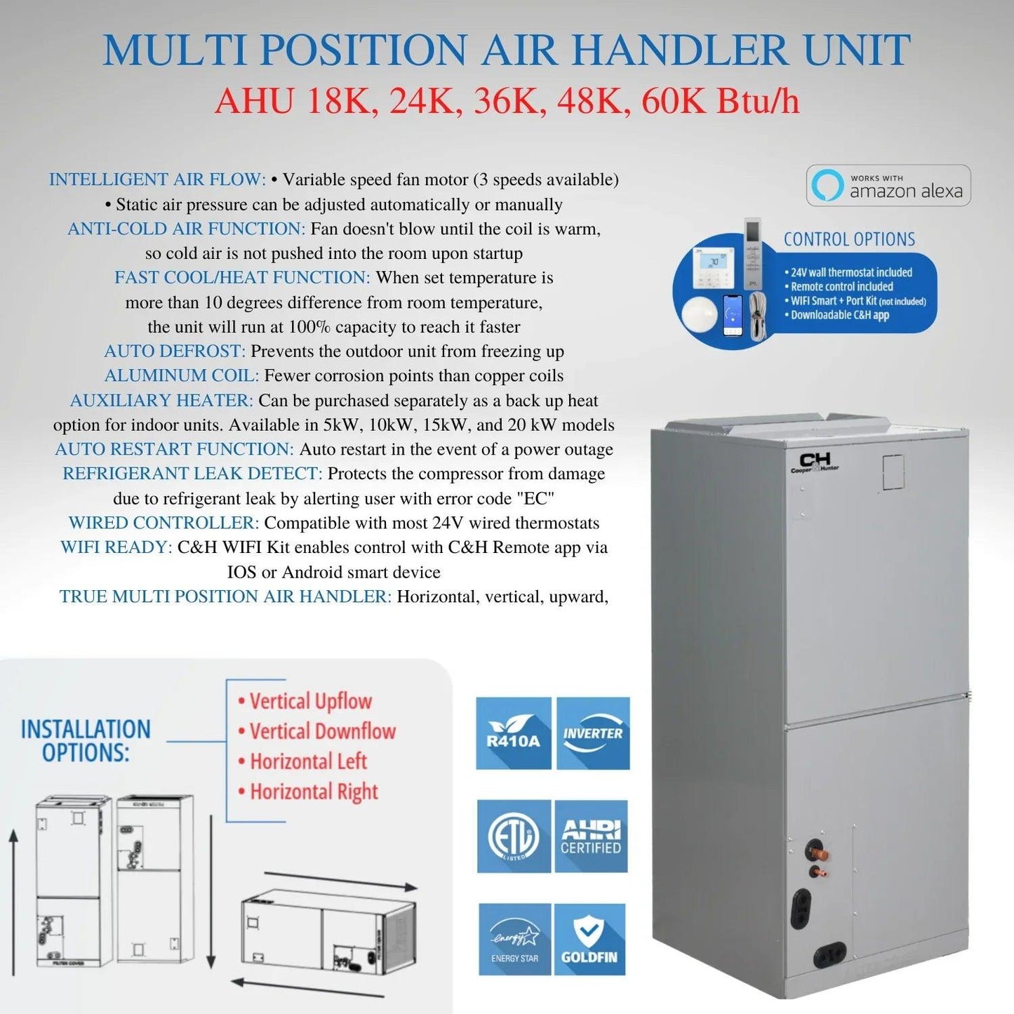 Cooper&Hunter 24,000 BTU 2 TON 20 SEER Heat Pump Split System with Multi Position Air Handler and Optional Installation Kit - South Mini Splits