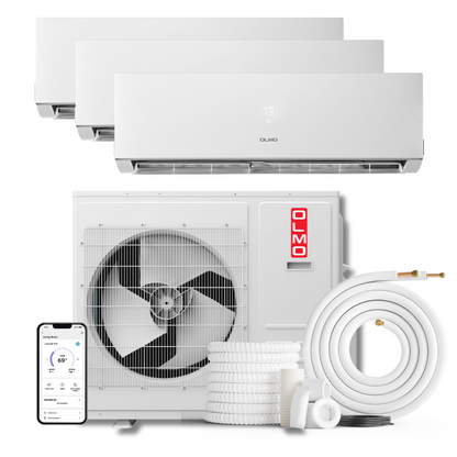 3 Zone (3 Heads) OLMO Sierra Multi-Zone 24,000 BTU Tri Zone 9K + 9K + 12K BTU Wall Mount Ductless Mini Split Air Conditioner and Heater, 2.3 Ton 24K BTU, OR 3 Ton 36K BTU Inverter with Heat Pump, 230V, Optional 16ft, 25ft or 50ft Installation Kits - South Mini Splits