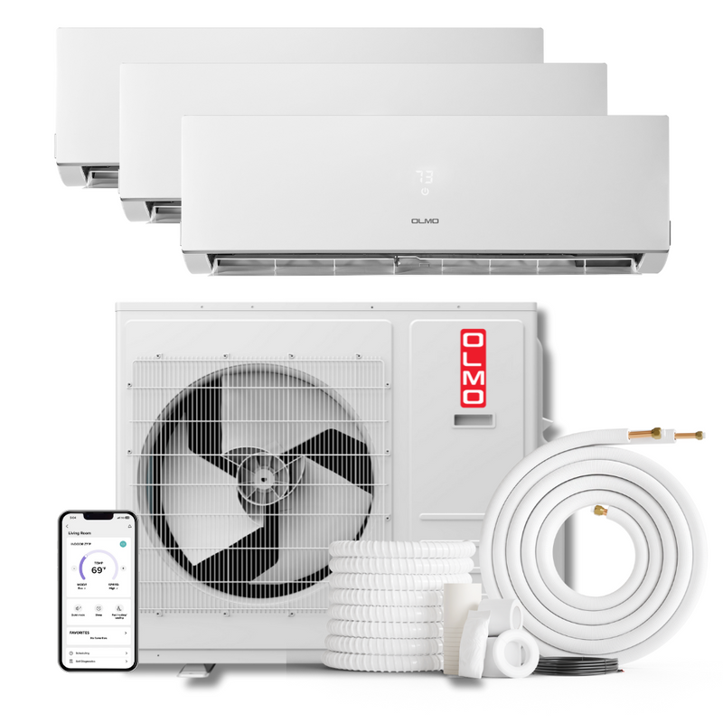 3 Zone (3 Heads) OLMO Sierra Multi-Zone 24,000 BTU, R410A, Tri Zone 9K + 9K + 12K BTU Wall Mount Ductless Mini Split Air Conditioner and Heater, 2.3 Ton 24K BTU Inverter with Heat Pump, 230V, Optional 16ft, 25ft or 50ft Installation Kits