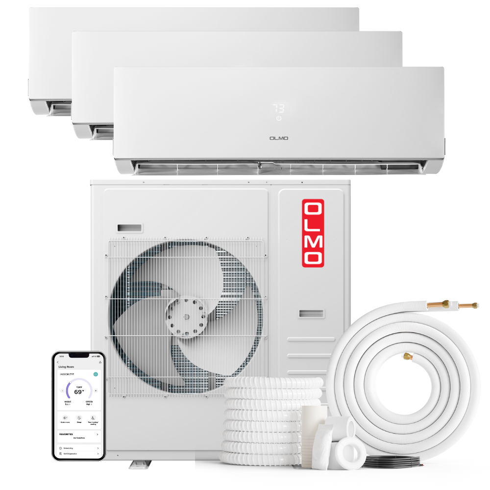 3 Zone OLMO Sierra Multi-Zone 36,000 BTU Tri Zone Inverter Heat Pump 3 Ton 230V Air Conditioner 12K + 12K + 18K BTU Wall Mount Ductless Mini Split A/C and Heater with Optional 16ft, 25ft or 50ft Installation Kits (3 Heads) - South Mini Splits