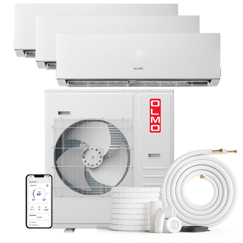 3 Zone OLMO Sierra Multi-Zone 36,000 BTU Heat Pump Inverter, 230V 3 Ton Air Conditioner with 3 Heads Tri Zone 9K + 9K + 18K BTU Wall Mount Ductless Mini Split A/C and Heater with Optional 16ft, 25ft or 50ft Installation Kits, R410A