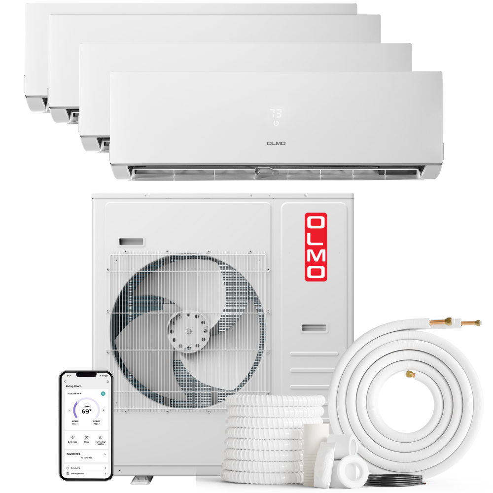 4 Zone OLMO Sierra Multi-Zone 36,000 BTU Quad Zone 9K + 12K + 12K + 12K BTU Wall Mount Ductless Mini Split A/C and Heater with Optional 16ft, 25ft or 50ft Installation Kits - South Mini Splits