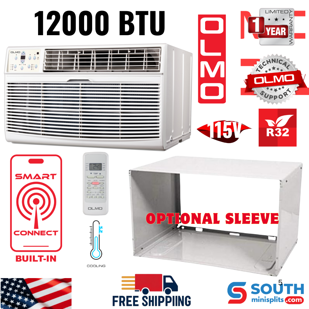 OLMO Through The Wall Air Conditioner (Cooling Only) 12K BTU 115v/60hz with Remote Control, Smart Connect and Optional Sleeve SKU: OW-A12AC115WF - South Mini Splits