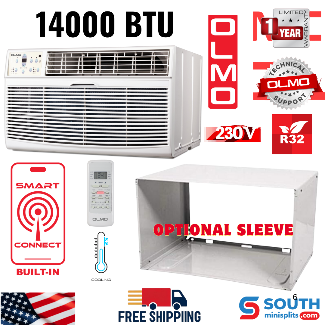 OLMO Through The Wall Air Conditioner (Cooling Only) 14K BTU 230v/60hz with Remote Control, Smart Connect and Optional Sleeve. SKU: OW-P14AC230WF - South Mini Splits