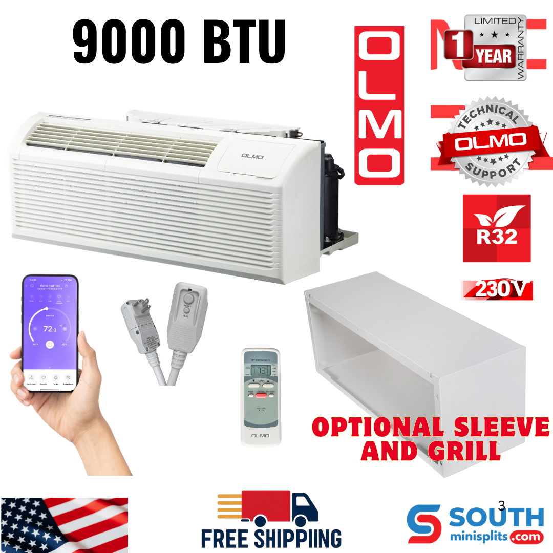 OLMO 9,000 BTU Smart PTAC Packaged Terminal Air Conditioner with Heat Strip 230V, Through The Wall System With Optional Sleeve and Grill  - PTHP Heating And Cooling With Electric Cord and Remote Control OS-MBW-09HS - South Mini Splits