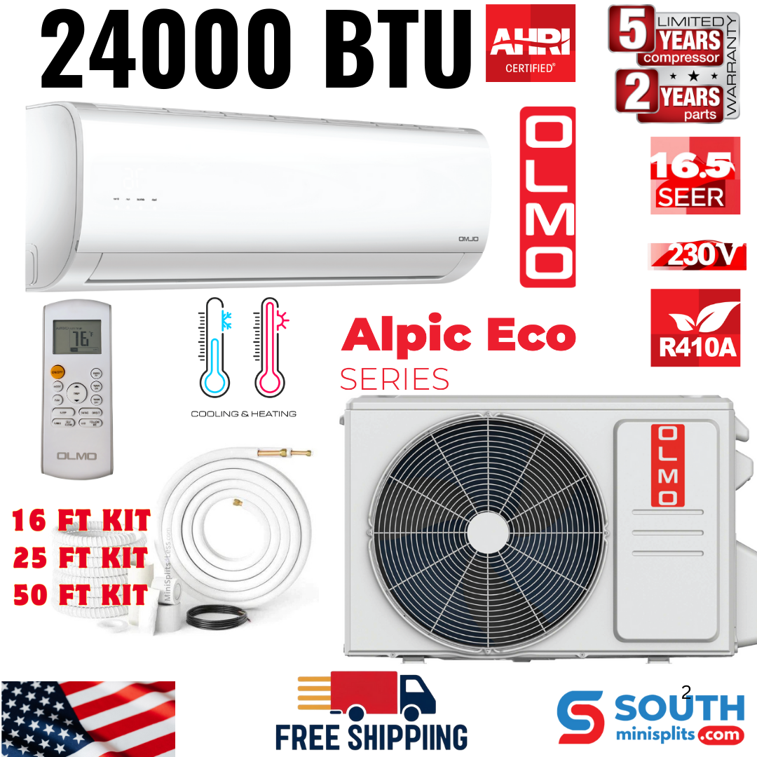 OLMO Alpic Eco Series, R410A, 2 Ton Air Conditioner and Heat Pump, 24,000 BTU Ductless Mini Split, 16.5 SEER Inverter System, 230V, Single Head, with Installation Kit Option. SKU OS-EL24ALP230VI + OS-EL24ALP230VO - South Mini Splits