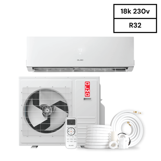 OLMO Sierra Series, R32 Mini Split, 18,000 BTU 230V Single Zone 1.5 Ton High Wall Air Conditioner and Heat Pump, Ductless Inverter System, 21 SEER Single Head, with WI-FI and 16FT Installation Kit Included, OS-18SRW-230VI + OS-18SR-230VO