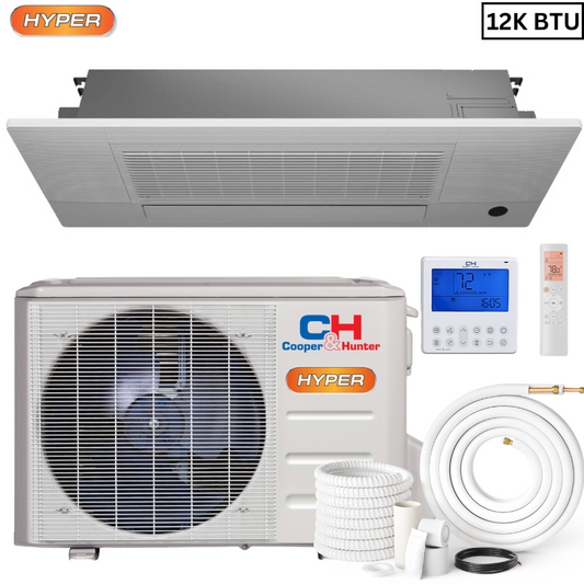 Cooper & Hunter One-Way Ceiling Cassette HYPER  12,000 BTU 230V 1 TON; Air Conditioning Unit for Heat Pump, Mini Split Inverter System, 22 SEER2 with Wi-Fi Enabled Thermostat and Optional Installation Kit. СH-12MCT1W-W, CH-HPR12-230VO