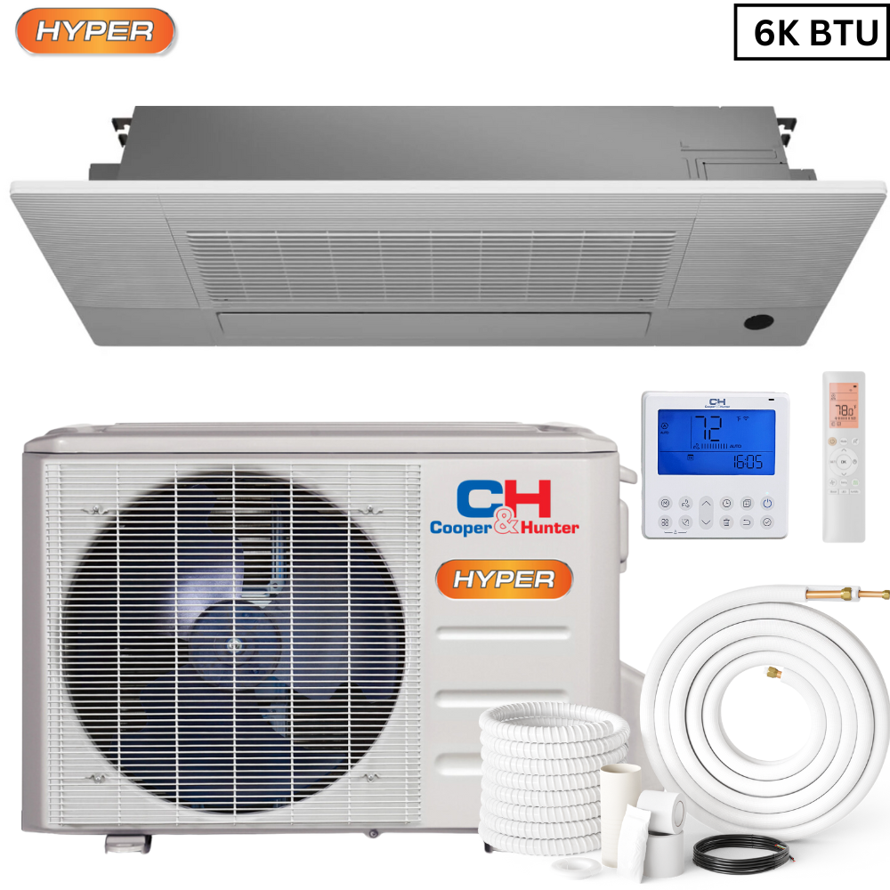 Cooper & Hunter 6,000 BTU 0.5 TON HYPER One Way Ceiling Cassette Air Conditioning Unit for Heat Pump, Mini Split Inverter System Up To 22 SEER, R410A, 208/230V + Installation Kit Option СH-06MCT1W-W,  HPR06F9-230VO - South Mini Splits