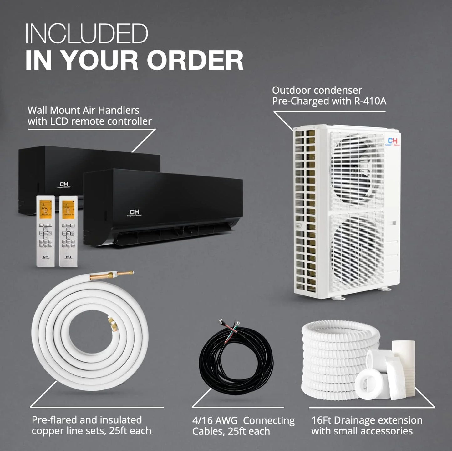 48,000 BTU Olivia Midnight Series, Dual Zone 24,000 + 24,000 BTU Wall Mount Handlers 23.4 SEER2, R410A, Ductless Mini Split A/C and Heater Including 25ft Installation Kits and Wi-Fi Adapters Included