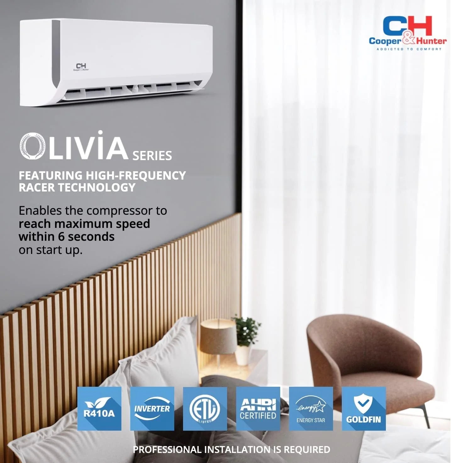 2 Zone Cooper & Hunter Olivia Series, 3 TON Air Conditioner, Ductless Mini Split with 12K+24K BTU Wall Mounts, R410A,  23.9 SEER 36K BTU Inverter Heat Pump, 230V, Dual Head, Installation Kits Option + Wi-Fi Adapter