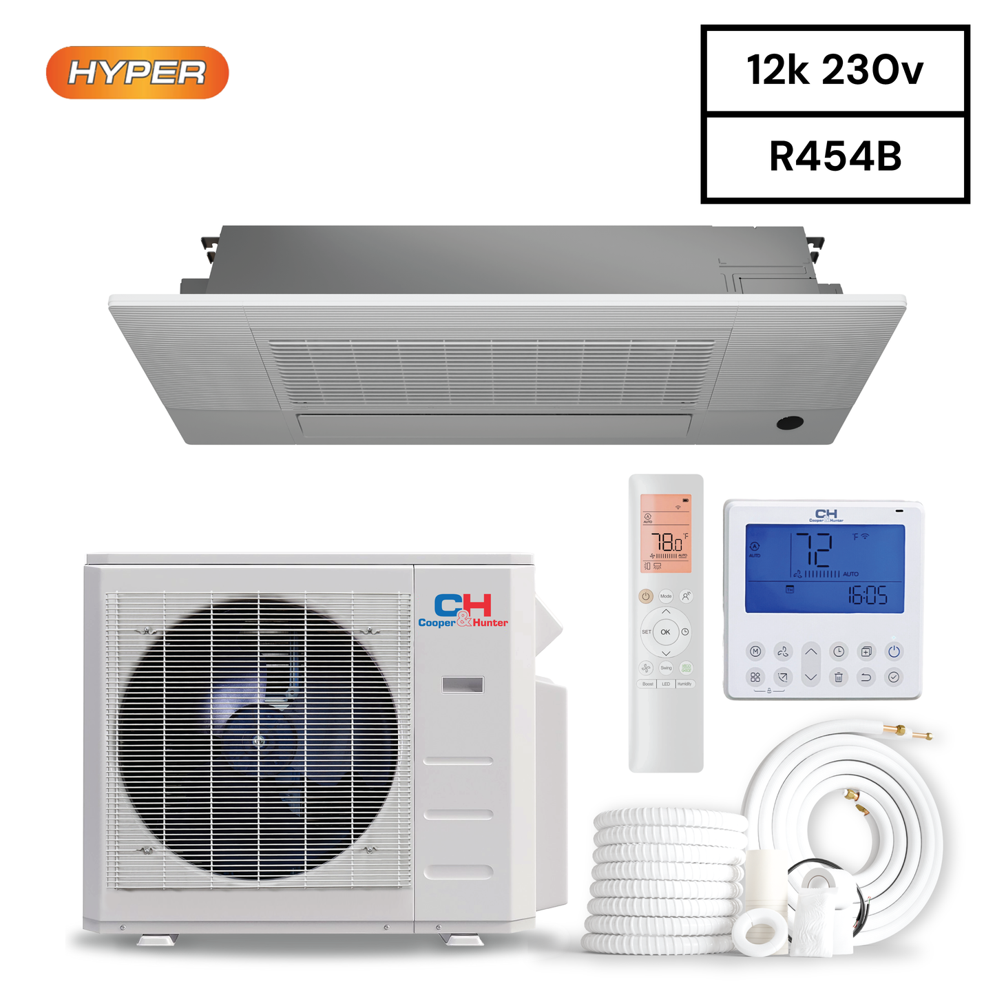 Cooper&Hunter, One-Way Ceiling Cassette HYPER Serries 12,000 BTU 230V 1 TON, Air Conditioning Unit for Heat Pump, Mini Split Inverter System, 23 SEER, Wi-Fi Enabled Thermostat, Optional Installation Kit, CH-RSH06-12MCT1W (Dip Switch 12) + CH-RHP12-230V0