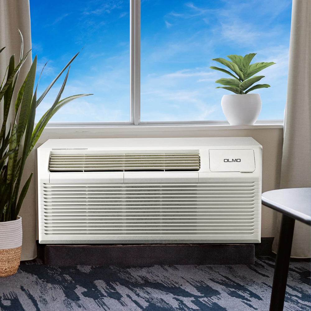 OLMO 9,000 BTU Smart PTAC Packaged Terminal Air Conditioner with Heat Strip 230V, Through The Wall System With Optional Sleeve and Grill  - PTHP Heating And Cooling With Electric Cord and Remote Control OS-MBW-09HS - South Mini Splits