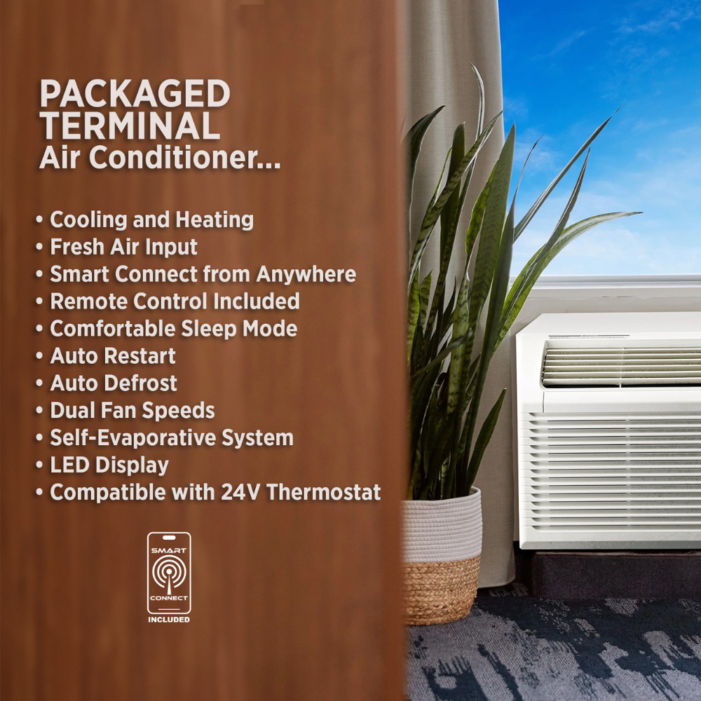 OLMO 15,000 BTU Smart PTAC Packaged Terminal Air Conditioner with Heat Strip 230V, Through The Wall System With Optional Sleeve and Grill  - PTHP Heating And Cooling With Electric Cord and Remote Control OS-MBW-15HS