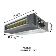 Silver and gray HVAC unit with black trim. Dimensions labeled.