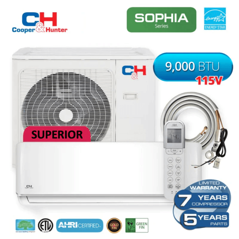 Cooper & Hunter Sophia Superior Series 9,000 BTU 115V 25 SEER 0.75 Ton Ductless Mini Split Air Conditioner Heat Pump with Wi-Fi Adapter + Optional Installation Kit - South Mini Splits