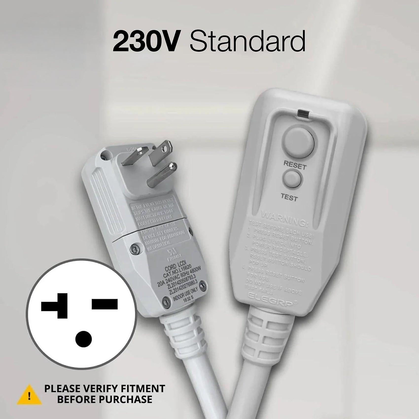 A white 230V standard power plug adapter with a test button, shown alongside a plug insert icon and a warning label. The text '230V Standard' is displayed at the top.
