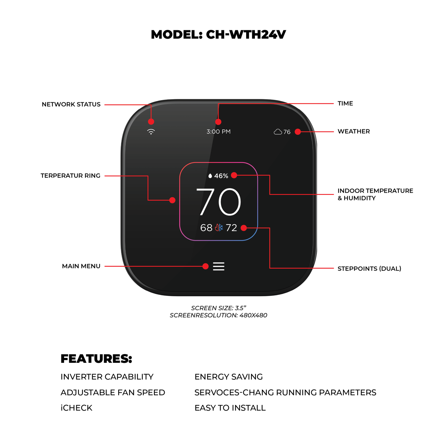 Cooper & Hunter CH-WTH24V — 24V Wall Thermostat