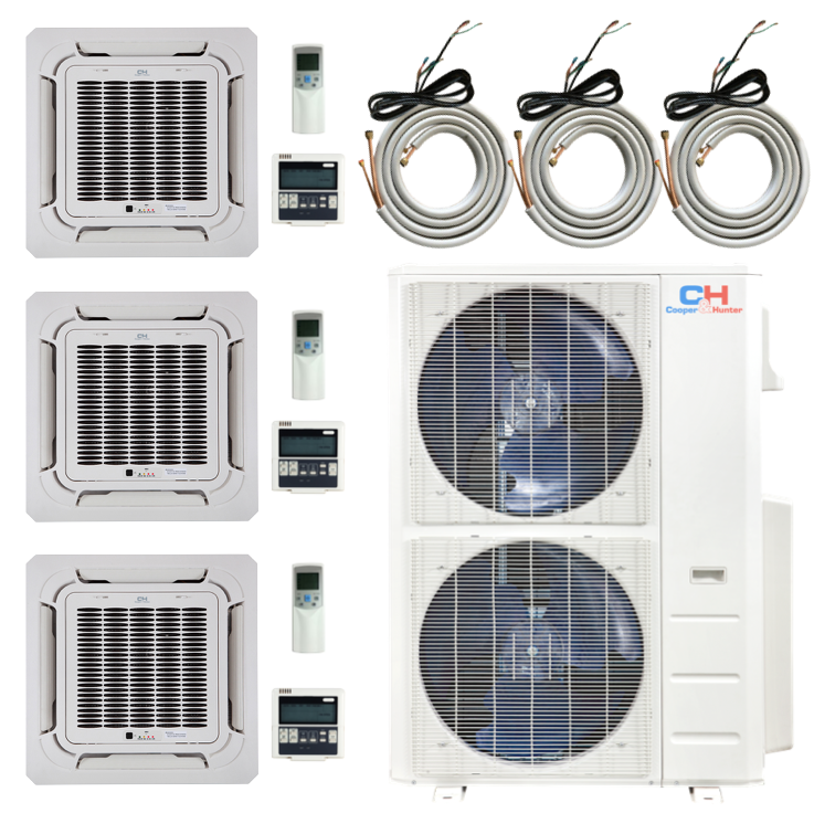 48,000 BTU 3 Zone 12k+18k+18k Ceiling Cassettes with Installation Kits, Sophia Series 21.5 Seer 4 Ton Tri Zone Ductless Multi Mini Split Air Conditioner