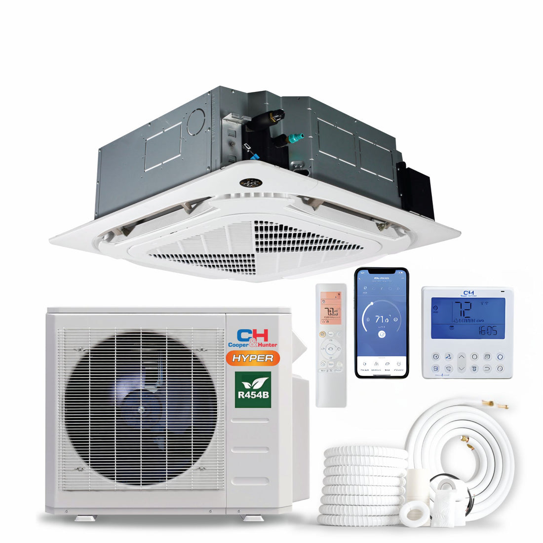 36,000 BTU 230V 21.2 SEER Ceiling Cassette, Hyper Series Light Commercial Ductless Mini Split 3 TON AC Heat Pump + Installation Kit Option CH-RH36LCCT + CH-RHP36LCU-230VO - South Mini Splits