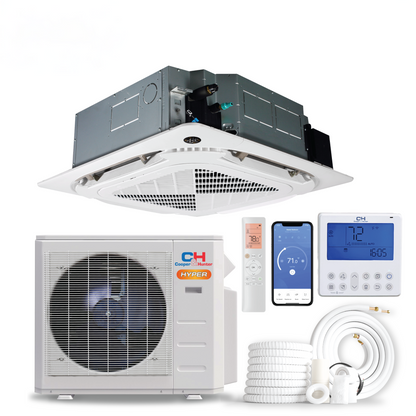 Cooper&amp;Hunter R454B, 9,000 BTU 230V Hyper (Dip Switch) Four Way Ceiling Cassette  20 SEER High Capacity Ductless Mini Split Air Conditioner, Heat Pump 0.75 TON + Installation Kit Option.CH-RSH09-12MCT + CH-RHP09-230VO