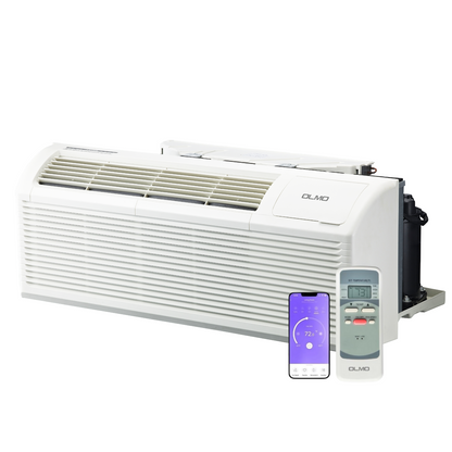 OLMO 15,000 BTU PTAC Packaged Terminal Air Conditioner with Heat Strip (R32 Refrigerant) and 5 kW Electric Heater Including Wireless Smart Kit, Remote Controller, and a Power Cord