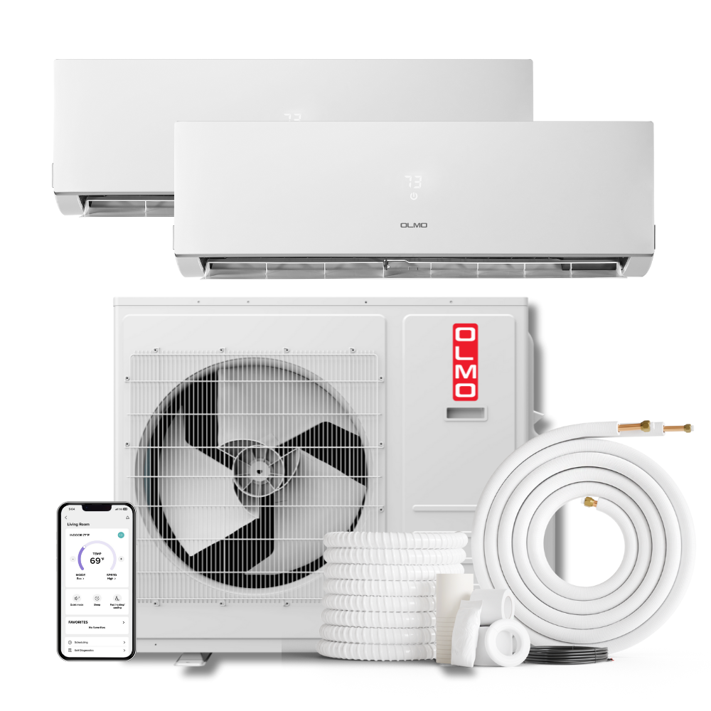 2 Zone OLMO Sierra Multi-Zone, 2 Ton Air Conditioner, 24,000 BTU Dual Zone with 9k+18k BTU Wall Mount Ductless Mini Split A/C and Heater, 21.3 SEER Inverter Heat Pump, 230V, Dual Head (2 Heads), Includes Optional 16ft, 25ft, or 50ft Installation Kits - South Mini Splits