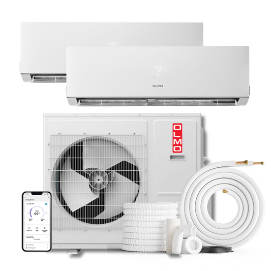 2 Zone OLMO Sierra Multi-Zone, 2 Ton Air Conditioner, 24,000 BTU Dual Zone with 9k+18k BTU Wall Mount Ductless Mini Split A/C and Heater, 21.3 SEER Inverter Heat Pump, 230V, Dual Head (2 Heads), Includes Optional 16ft, 25ft, or 50ft Installation Kits - South Mini Splits