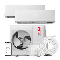 2 Zone OLMO Sierra Multi-Zone, 2 Ton Air Conditioner, 24,000 BTU Dual Zone with 12k+18k BTU Wall Mount Ductless Mini Split A/C and Heater, 21.3 SEER Inverter Heat Pump, 230V, Dual Head (2 Heads), Includes Optional 16ft, 25ft, or 50ft Installation Kits