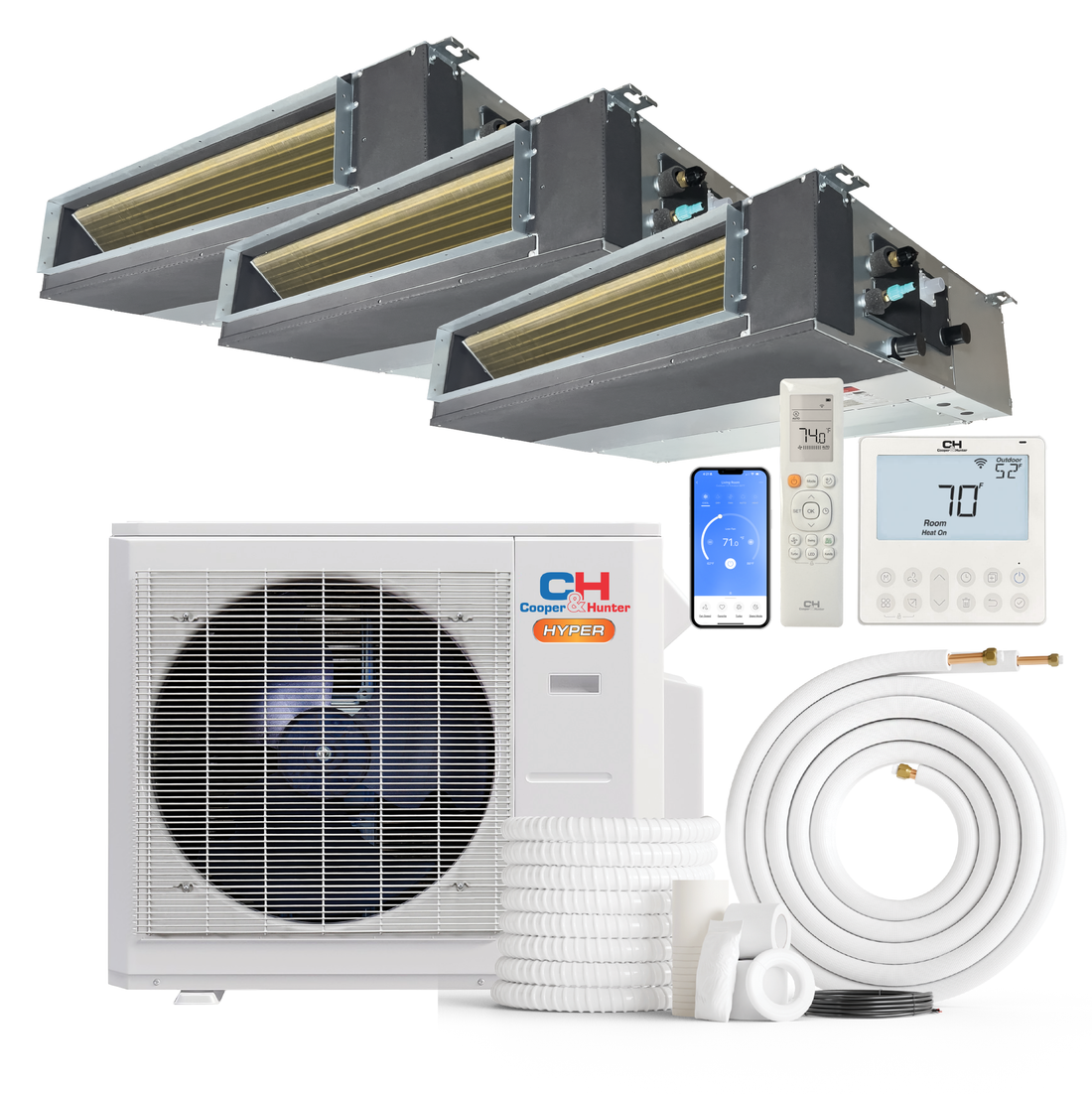 Cooper&Hunter Hyper Heat 3-Zone Ducted Mini Split AC & Heat Pump -- 19000 BTU (1.6 Ton) Without Shut-off Valves, Slim Ducts Units (6K+6K+6K) BTU, Inverter Technology, 230V, Heating & Cooling