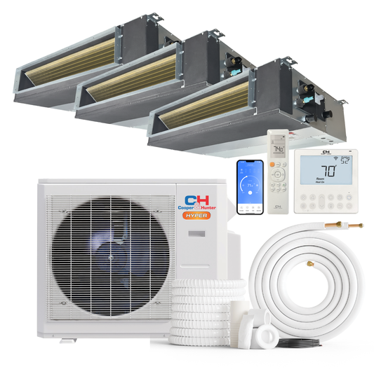 South Mini Splits | Cooper&Hunter Hyper Heat 3-Zone Ducted Mini Split AC & Heat Pump -- 19000 BTU (1.6 Ton) Without Shut-off Valves, Slim Ducts Units (9K+9K+12K) BTU, Inverter Technology, 230V, Heating & Cooling 