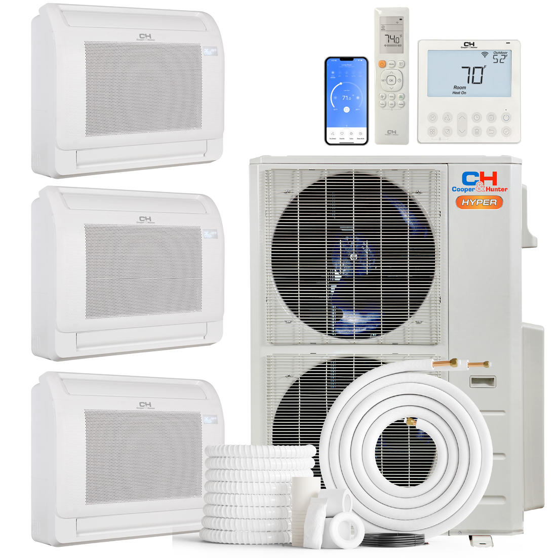 Cooper&Hunter Hyper Heat 3-Zone Ductless Mini Split AC & Heat Pump -- 55000 BTU (4.6 Ton) Without Shut-off Valves, Floor Console Units (9K+12K+12K) BTU, Inverter Technology, 230V, Heating & Cooling