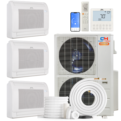 Cooper&amp;Hunter Hyper Heat 3-Zone Ductless Mini Split AC &amp; Heat Pump -- 55000 BTU (4.6 Ton) Without Shut-off Valves, Floor Console Units (12K+12K+18K) BTU, Inverter Technology, 230V, Heating &amp; Cooling