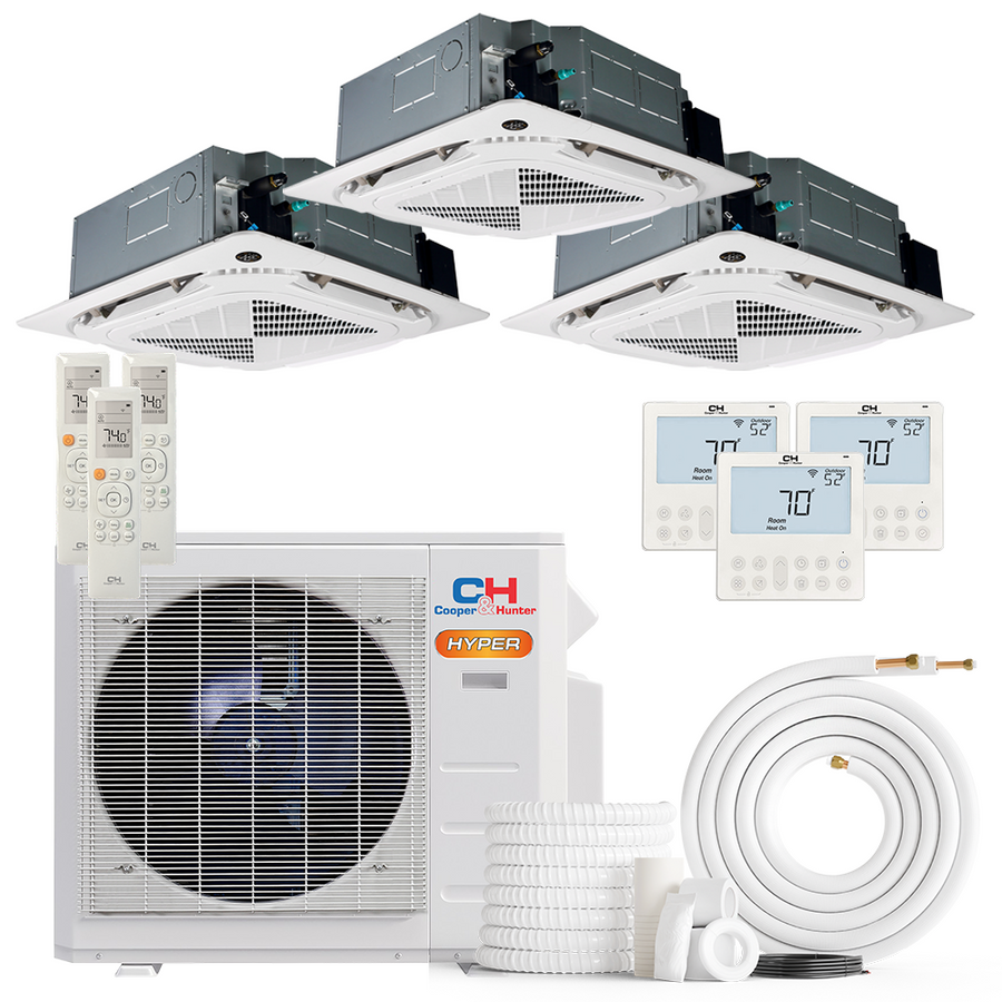 South Mini Splits | Cooper&Hunter Hyper Heat 3-Zone Ductless Mini Split AC & Heat Pump -- 28000 BTU (2.3 Ton) Without Shut-off Valves, 4-Way Ceiling Cassette Units (12K+12K+12K) BTU, Inverter Technology, 230V, Heating & Cooling 