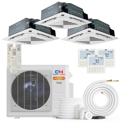 South Mini Splits | Cooper&amp;Hunter Hyper Heat 3-Zone Ductless Mini Split AC &amp; Heat Pump -- 28000 BTU (2.3 Ton) Without Shut-off Valves, 4-Way Ceiling Cassette Units (9K+9K+12K) BTU, Inverter Technology, 230V, Heating &amp; Cooling 