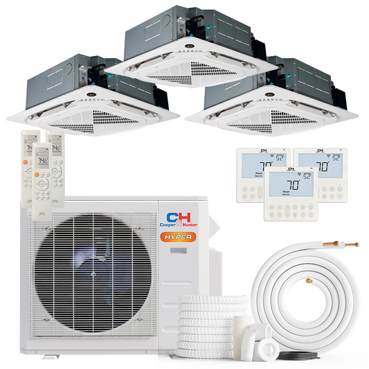 South Mini Splits | Cooper&Hunter Hyper Heat 3-Zone Ductless Mini Split AC & Heat Pump -- 28000 BTU (2.3 Ton) Without Shut-off Valves, 4-Way Ceiling Cassette Units (9K+9K+18K) BTU, Inverter Technology, 230V, Heating & Cooling 