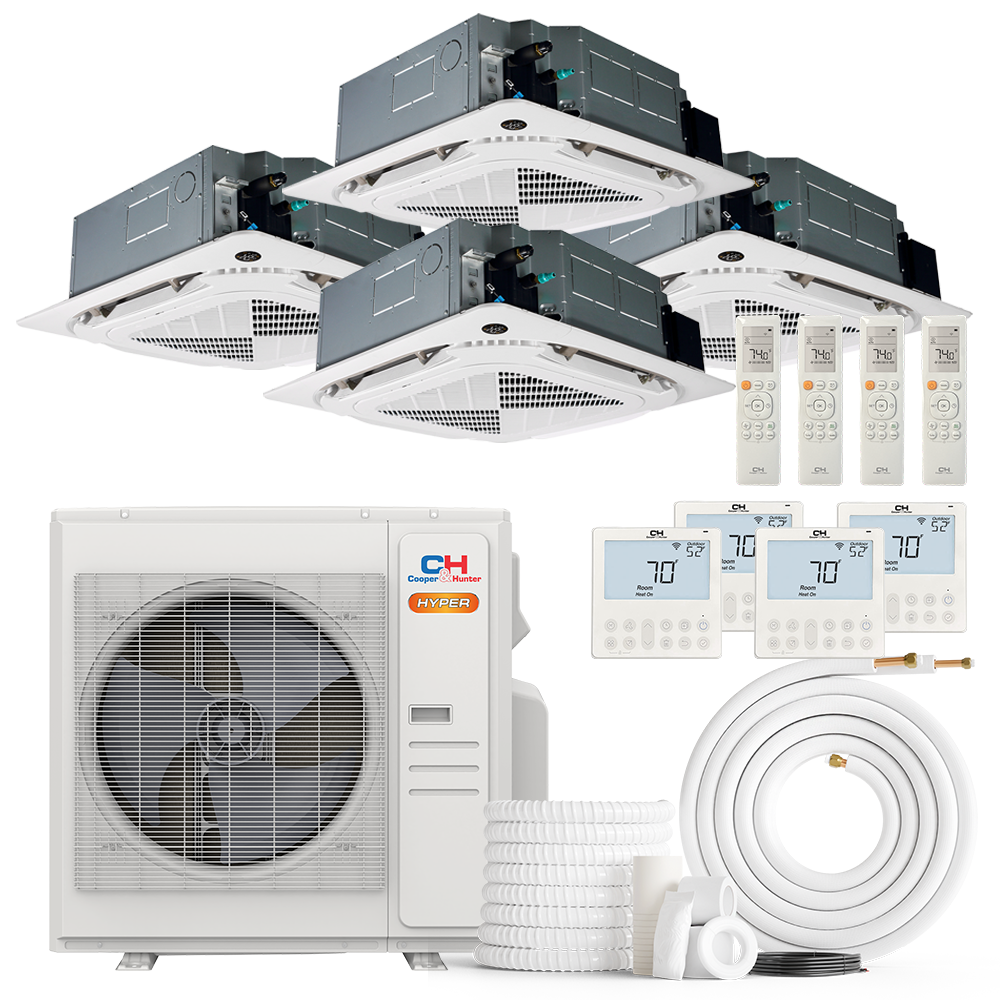 Cooper&Hunter Hyper Heat 4-Zone Ductless Mini Split AC & Heat Pump -- 36000 BTU (3.0 Ton) Without Shut-off Valves, 4-Way Ceiling Cassette Units (9K+9K+18K+18K) BTU, Inverter Technology, 230V, Heating & Cooling
