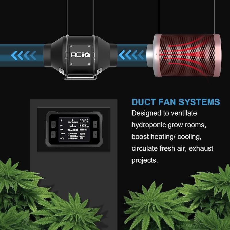 ACiQ 4 Inch Mixed Flow Inline Duct Fan with Temp & Humidity Control - Black