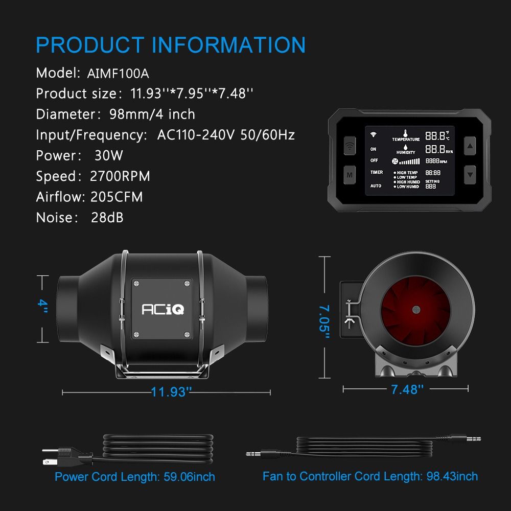 ACiQ 4 Inch Mixed Flow Inline Duct Fan with Temp & Humidity Control - Black