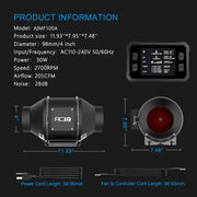 ACiQ 4 Inch Mixed Flow Inline Duct Fan with Temp & Humidity Control - Black