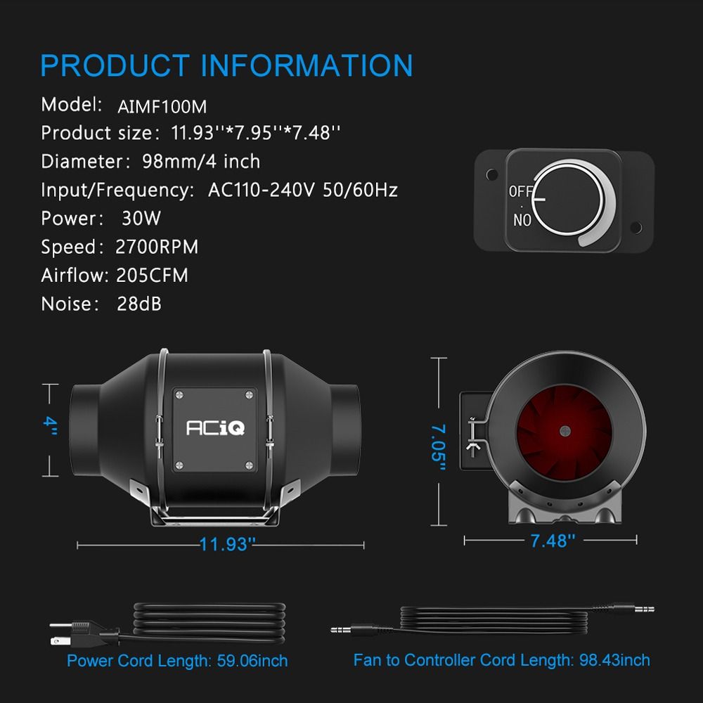 ACiQ 4 Inch Mixed Flow Inline Duct Fan with Integral Dial Speed Control - Black
