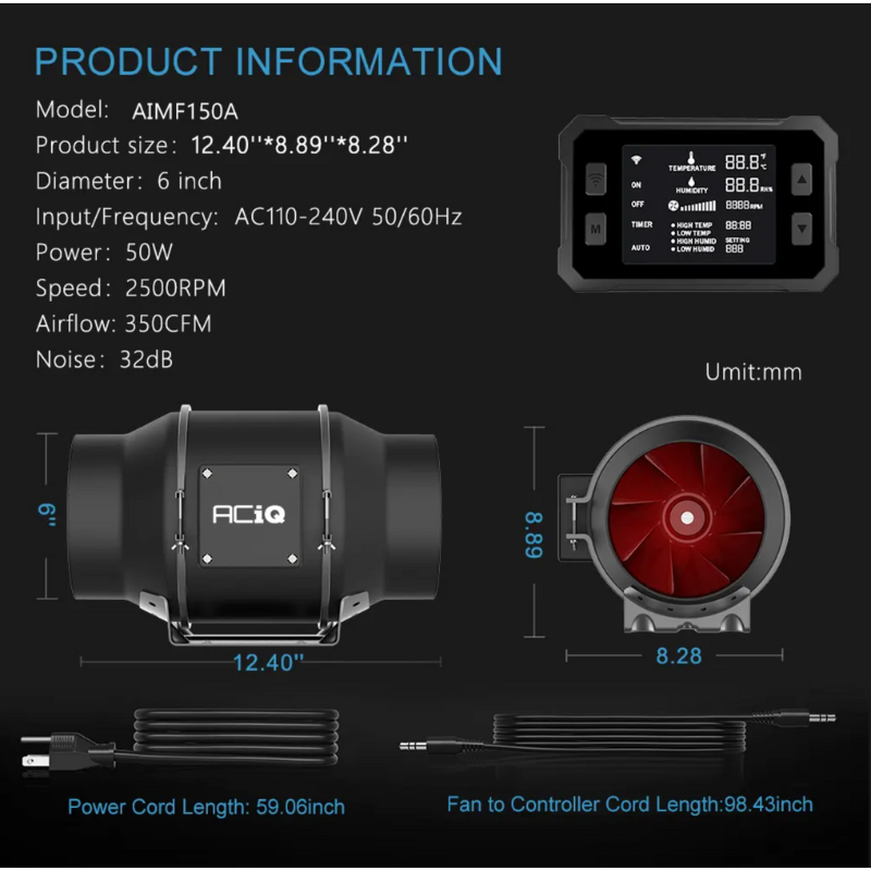 ACiQ 6 Inch Mixed Flow Inline Duct Fan with Temp & Humidity Control - Black