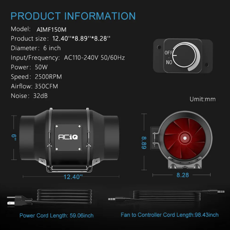 ACiQ 6 Inch Mixed Flow Inline Duct Fan with Integral Dial Speed Control - Black