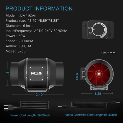 ACiQ 6 Inch Mixed Flow Inline Duct Fan with Integral Dial Speed Control - Black