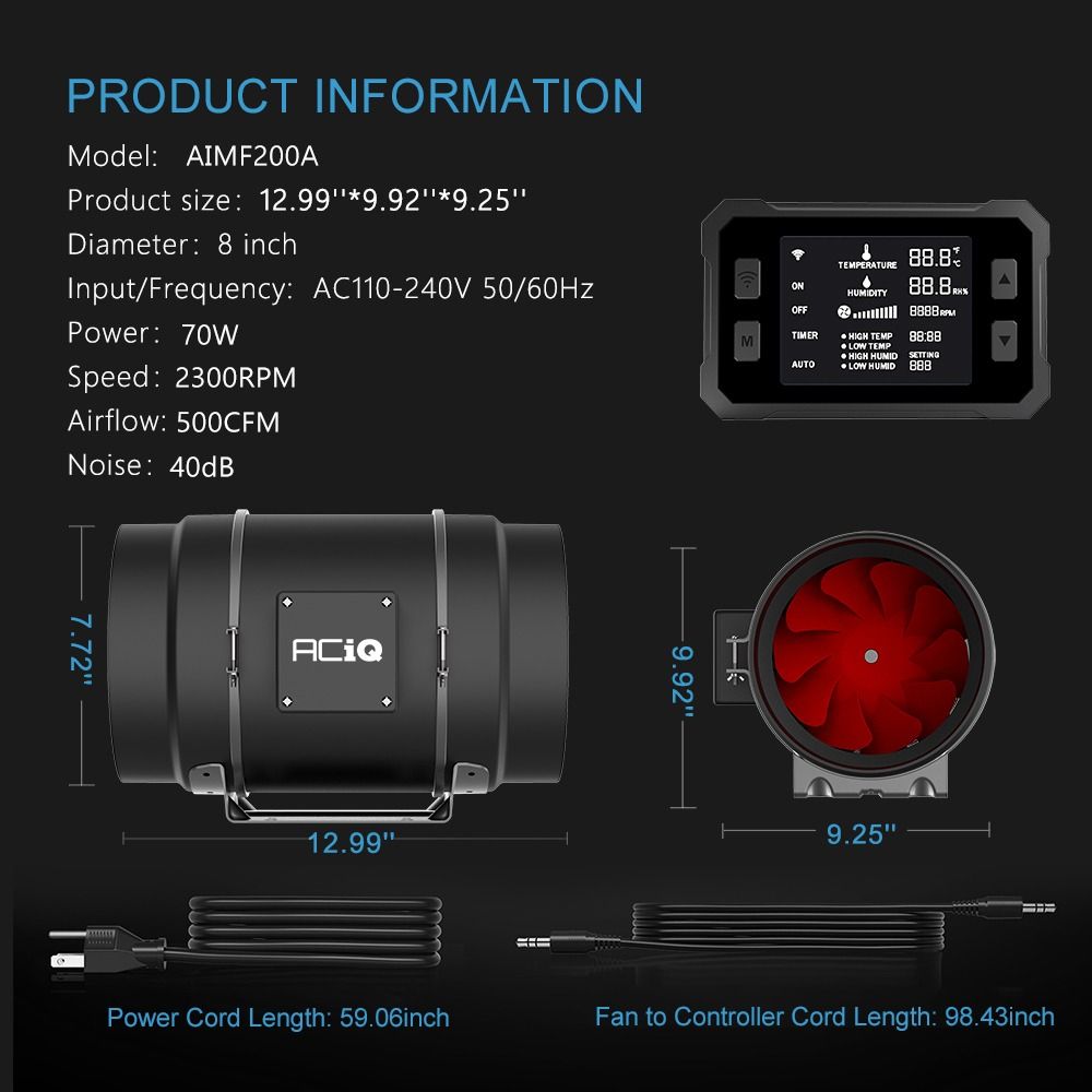ACiQ 8 Inch Mixed Flow Inline Duct Fan with Temp & Humidity Control - Black
