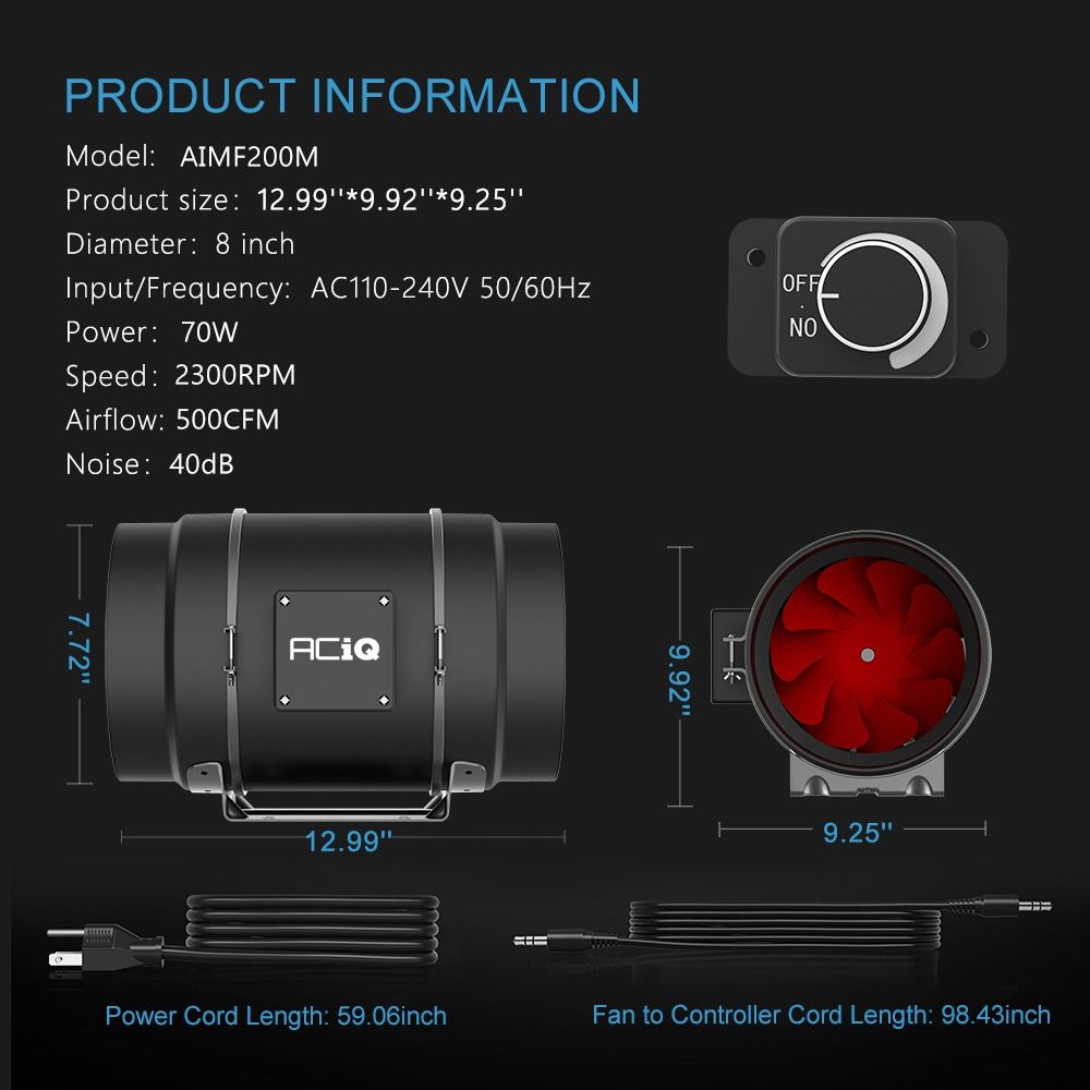 ACiQ 8 Inch Mixed Flow Inline Duct Fan with Integral Dial Speed Control - Black