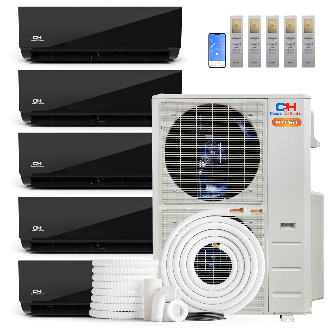Cooper&Hunter Hyper Heat Olivia Midnight Series 5-Zone Ductless Mini Split AC & Heat Pump -- 55000 BTU (4.6 Ton) Without Shut-off Valves, Wall Mount Units (9K+9K+9K+9K+9K) BTU, Inverter Technology, 230V, Heating & Cooling