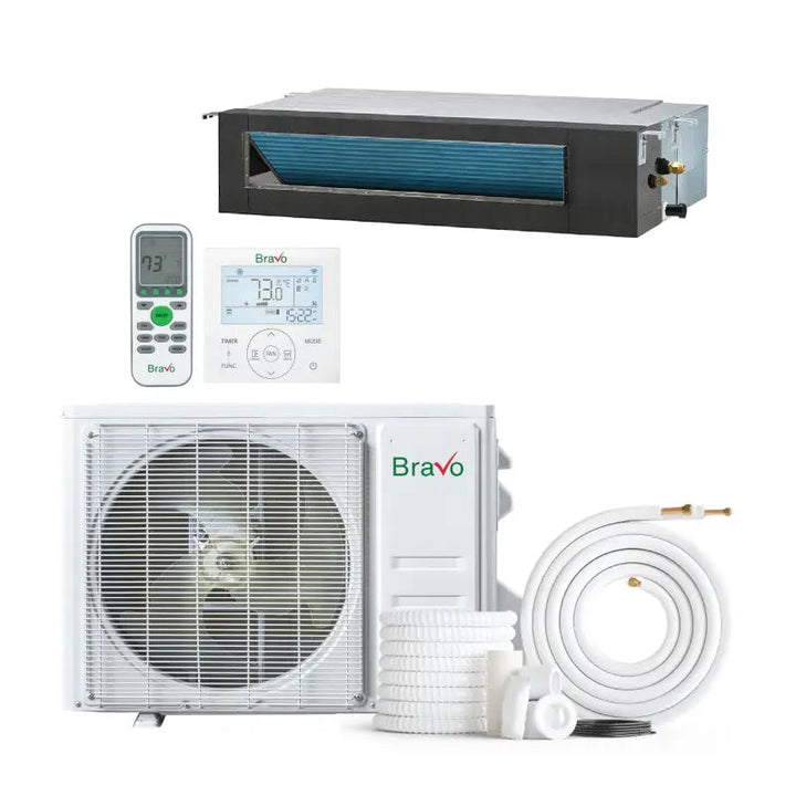 Bravo Pisa Series 12,000 BTU 22.0 SEER2, Single Zone Concealed Slim Duct Mini Split Heat Pump System w/ 16' Installation Kit